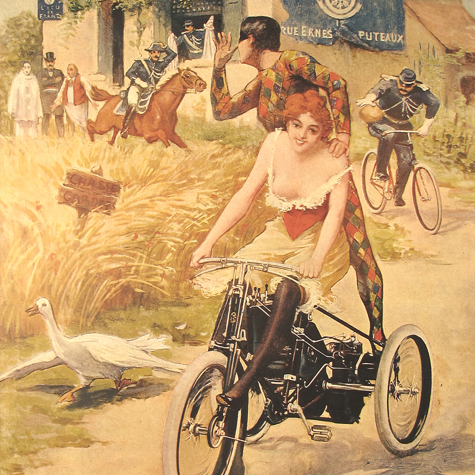 Реклама трициклов De Dion-Bouton — настолько быстрых, что на них легко было удрать даже от полицейских на велосипедах