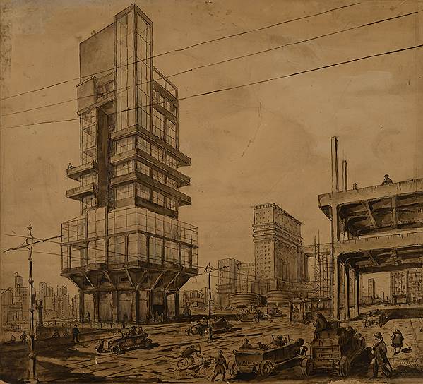Л.В. Руднев, Архитектурная фантазия. 1927 год. Бумага на картоне, тушь, перо