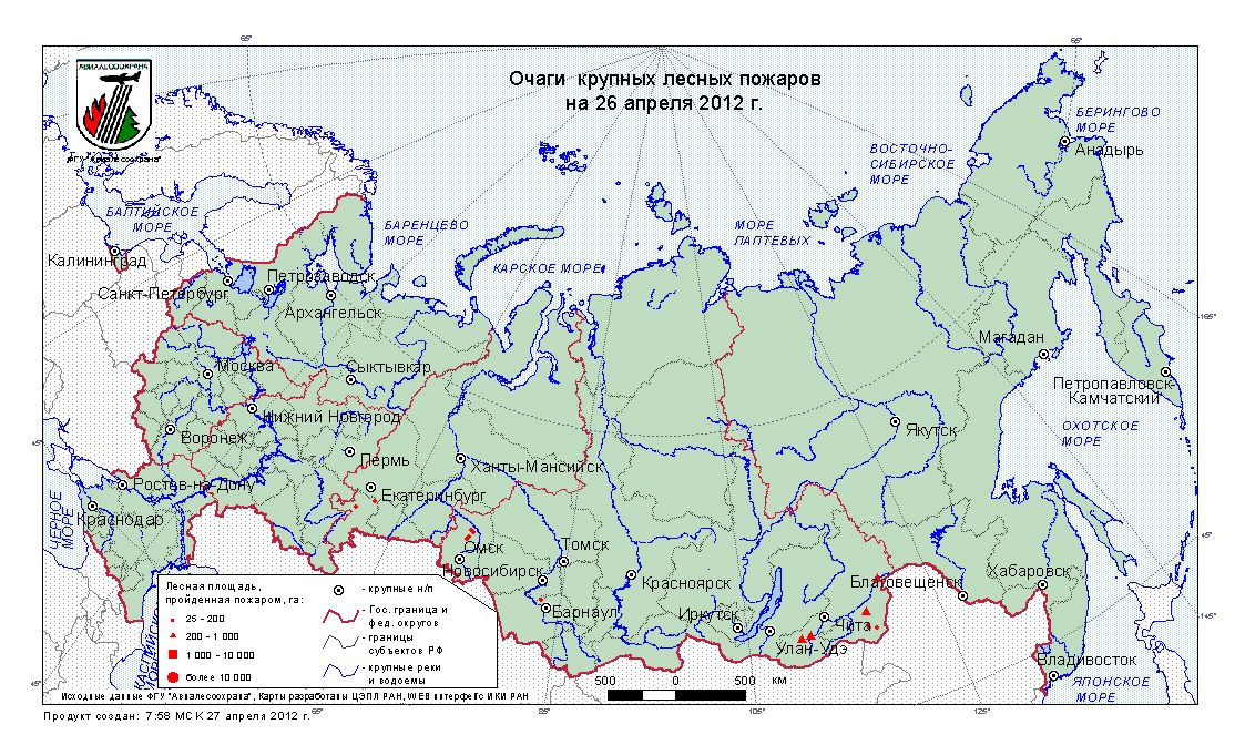 Карта крупных пожаров по Российской Федерации