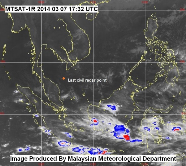 Изображение с метеоспутника, снятое в 01:22 по малазийскому времени 8 марта 2014 года (17:22 UTC, 7 марта 2014 года), показывает, что в районе исчезновения Boeing 777 не было дождя