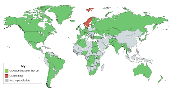 Зеленый цвет — страны, в которых обращение валюты растет быстрее ВВП 
Красный цвет — страны, в которых обращение валюты растет медленнее ВВП 
Серый цвет — нет данных
