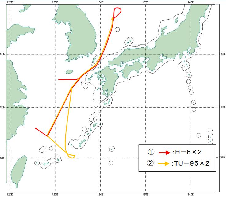 Оранжевый — маршрут российского самолета. Красный — маршрут китайского самолета.
Источник: Воздушные силы самообороны Японии