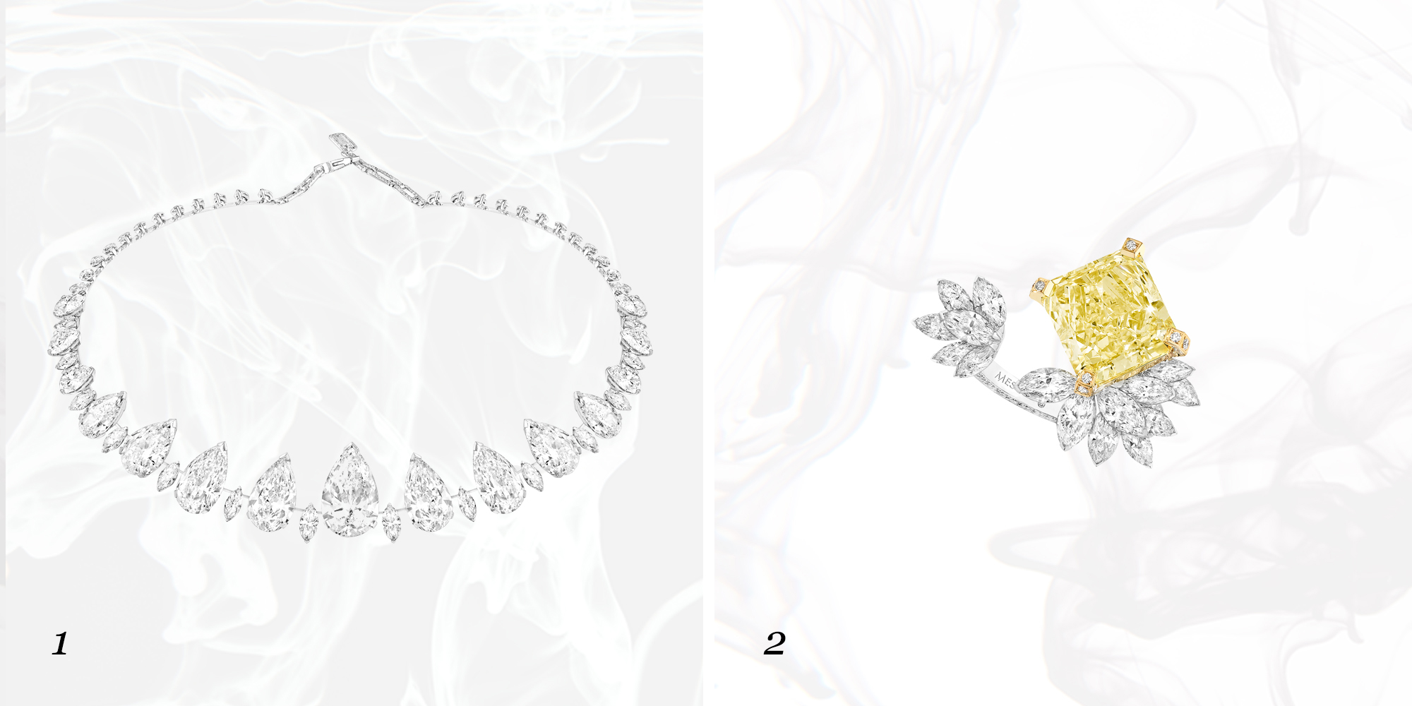 1) Messika, колье Undine, белое золото, бриллианты огранок “груша” и “маркиза”;
2) Messika, кольцо Radiant Firebird, желтый бриллиант и бриллианты огранки “маркиза”;