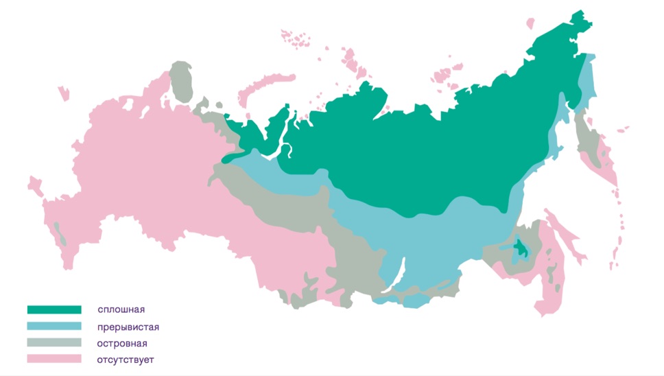 рис.1 Распространение многолетнемерзлых пород
на территории России