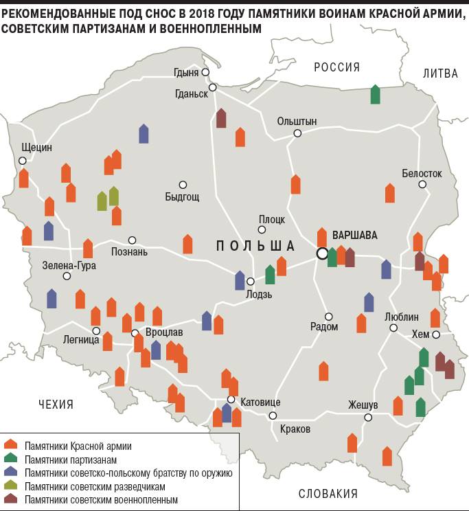 Рекомендованные под снос в 2018 году памятники Красной Армии в Польше