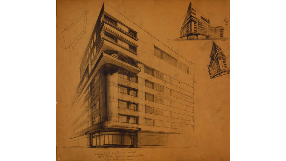 Проект здания Коопстрахсоюза (Наркомзема) на Садовой-Спасской улице в Москве. Перспектива, фрагмент фасада. Эскиз, 1928–1929