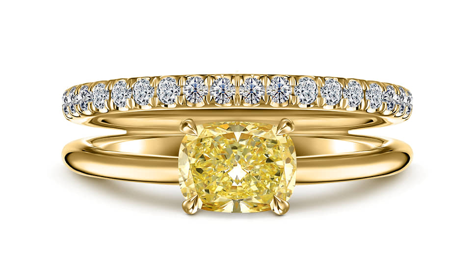 Кольцо, желтое золото, желтый бриллиант огранки «подушка», бриллианты огранки «круг» (общий вес 1,34 карата)

