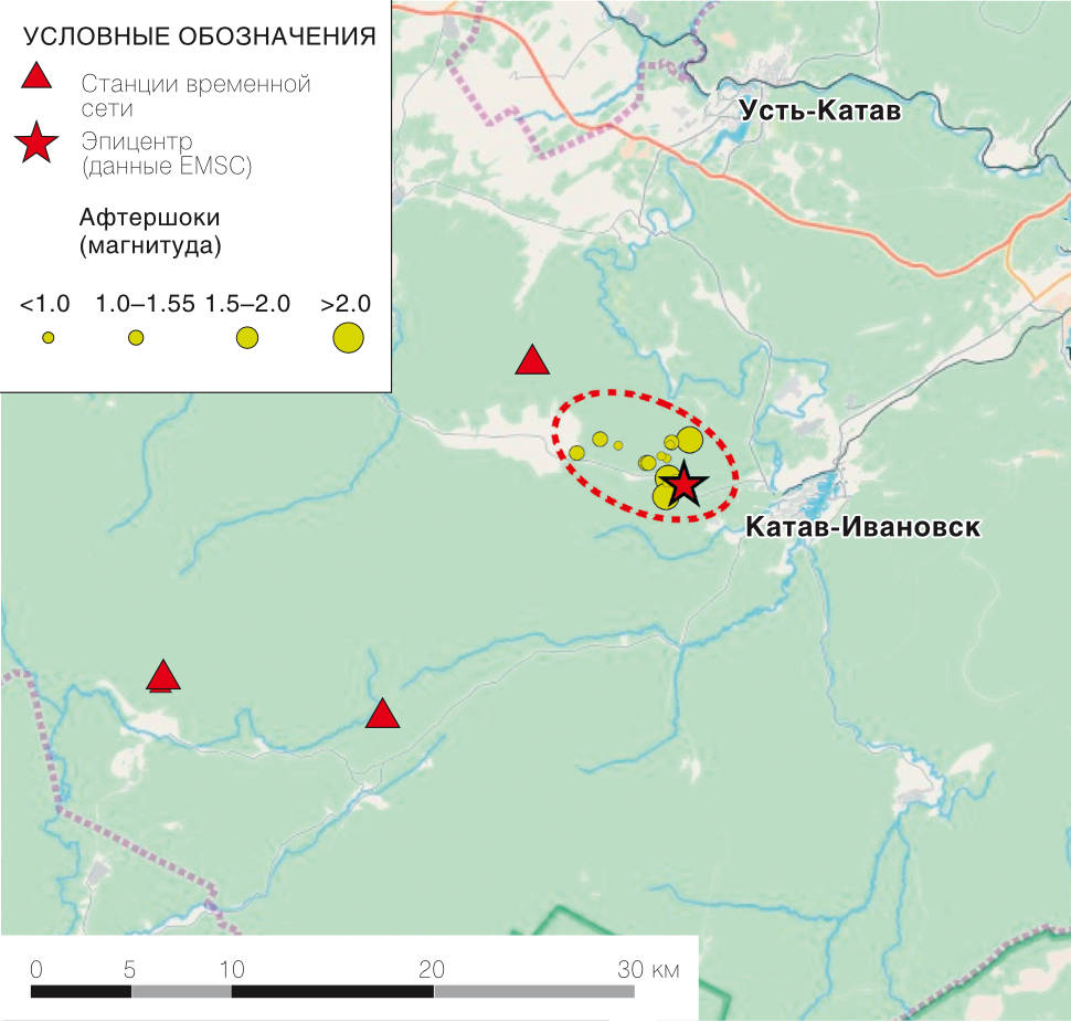 Рис. 2 Карта эпицентров афтершоков Катав-Ивановского землетрясения за 6-8 сентября 2018 года 