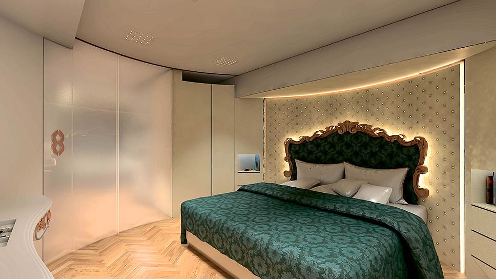 Спальня. В этой круглой комнате стоит большущая кровать английского производителя мебели Hypnos, который является поставщиком Букингемского дворца.