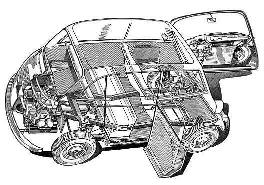 На BMW 600 1957 года задней левой двери не было по экономическим соображениям. На переднее сиденье этой машины водитель и пассажир попадали через дверь в торце кузова, а вот когда появилось заднее сиденье, для доступа к нему поставили только одну дверь - справа.