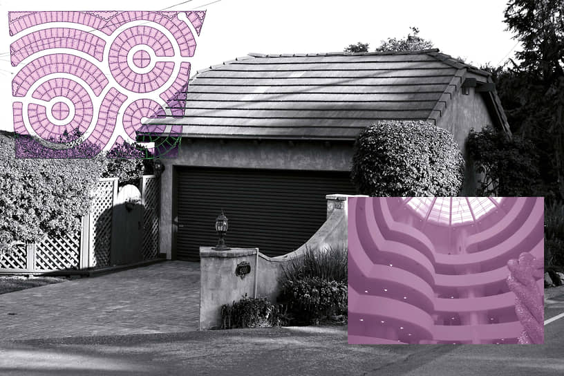 Изображение гаража с наложенным поверх наброском плана Джозефа Эйхлера и фотографией интерьера нью-йоркского Музея Гуггенхайма, первоначально спроектированного Фрэнком Ллойдом Райтом в виде покрашенной в розовый цвет бетонной автомобильной рампы