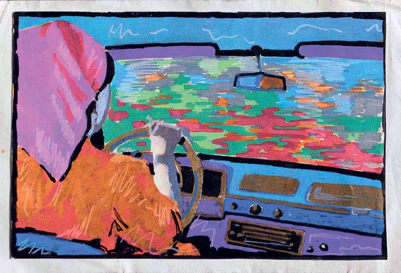 Виктор Цой. «Колхозница», 1988. Бумага, смешанная техника. 10,4 x 16,2 см