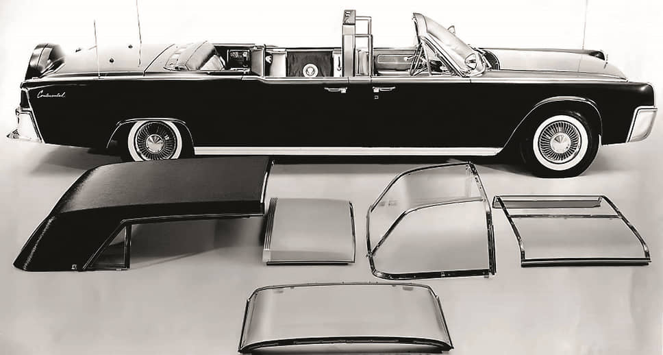 Построенный для президента Кеннеди на базе Lincoln Continental – типичный пример кузова-трансформера. Его верх состоял из нескольких деталей, так что можно было сделать из машины как совсем открытый кабриолет, так и ландоле или лимузин с прозрачной крышей.