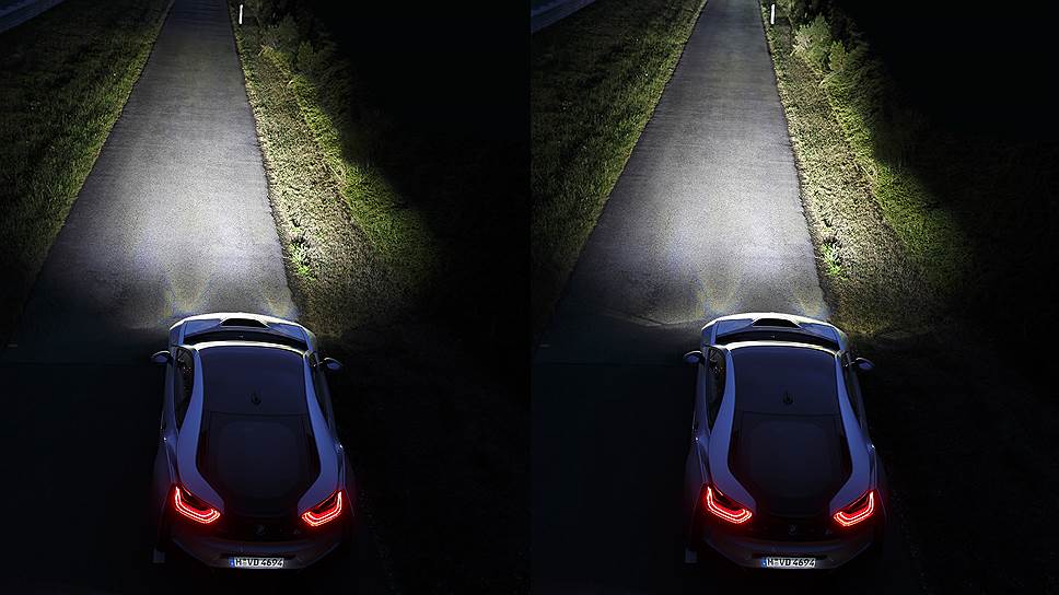 В базовой комплектации BMW i8 оснащается светодиодными фарами, но в качестве опции можно выбрать лазерную оптику для дальнего света: она освещает дорогу ярче и дальше