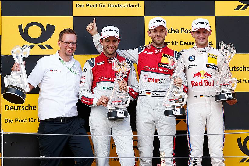 Призёрами первой гонки DTM-2017 на Moscow Raceway (слева направо) стали исключительно немцы: Майк Рокенфеллер (Audi), Рене Раст (Audi) и Марко Виттманн (BMW)