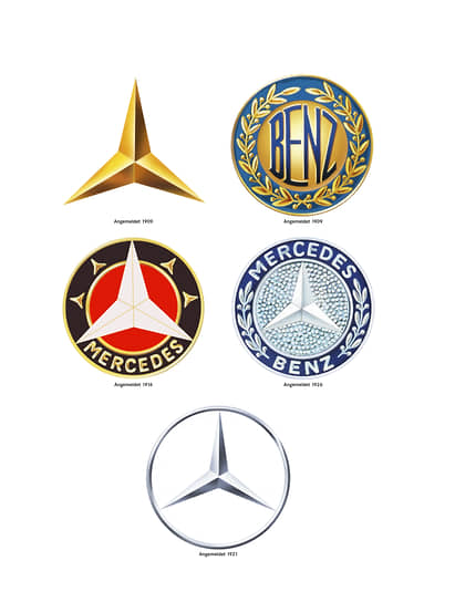Зарегистрированные торговые марки Daimler-Motoren-Gesellschaft и Benz &amp; Cie. С 1909 года (верхний ряд), модифицированная звезда Mercedes с 1916 года и новая торговая марка Mercedes-Benz с 1926 года. Зарегистрированный в 1921 году знак соответствует более поздней форме стилизованной торговой марки Mercedes-Benz. 