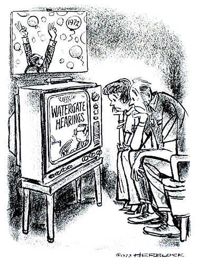 Карикатура по Уотергейтскому делу. Судебные слушания транслировались по телевидению. Согласно опросам, 85% американцев посмотрели хотя бы одно заседание