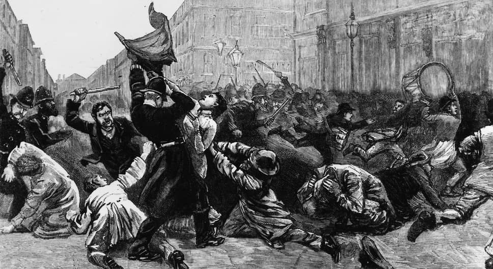 1887 год. Разгон митинга на Трафальгарской площади в Лондоне, вошедшее в историю Британии как «Кровавое воскресенье». Около ста человек были убиты или тяжело ранены  