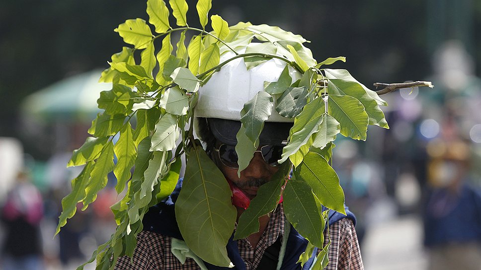 2013 год. Антиправительственные выступления в Таиланде. Протестующий в шлеме и с листьями на голове