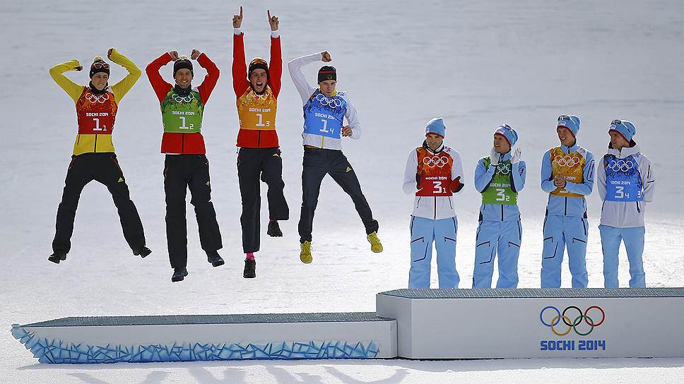 Серебро  в командных соревнованиях по лыжному двоеборью у спортсменов из Германии, а бронзовым призером стала сборная Австрии