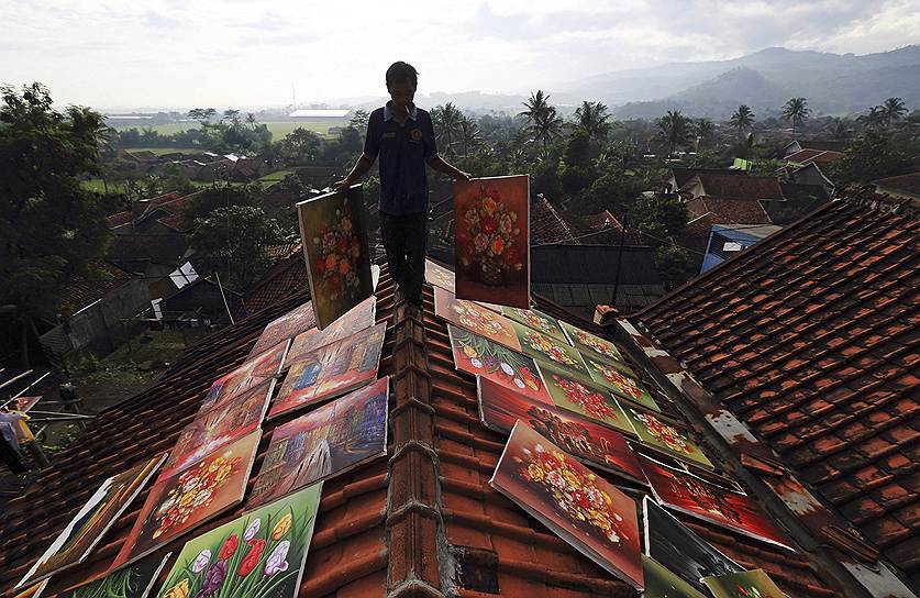 Индонезийский художник раскладывает картины для просушки на крыше своего дома в деревне Желеконг на острове Ява. В деревне проживают около 300 художников, зарабатывающих на жизнь продажей своих полотен