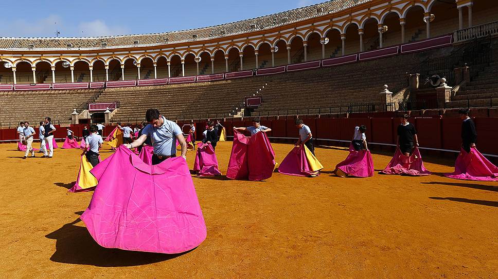 Испанские школьники во время обучающего занятия по корриде на арене для боя быков в Севилье