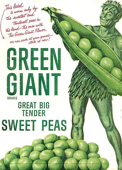 В 1928 году американский производитель консервированных овощей The Minnesota Valley Canning Company (с 1950 года — Green Giant Company) представил рекламного персонажа по имени Зеленый Великан. Герой был похож на пещерного человека, с трудом несущего гигантский гороховый стручок