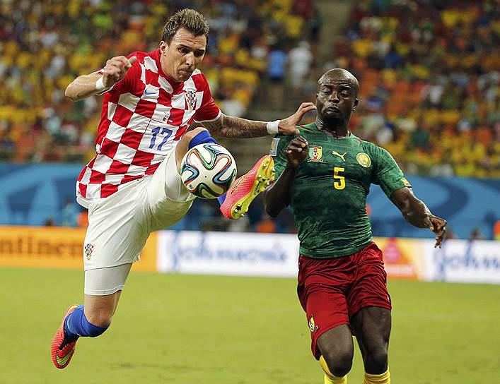 Игровой момент матча между сборными Хорватии и Камеруна: хорватский нападающий Марио Манджукич (слева) и камерунский защитник Дани Нункеу