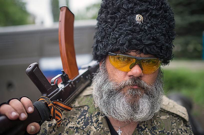 May, 12&lt;br>Cossack Babai (it is a nickname meaning Boogieman) from the paramilitary force known as the Wolves&#39; Hundred standing in front of the of the Kramatorsk City Council
