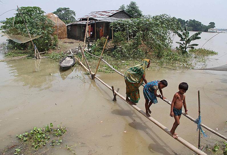 Временный «мост» из бамбука в затопленной деревне в индийском штате Ассам