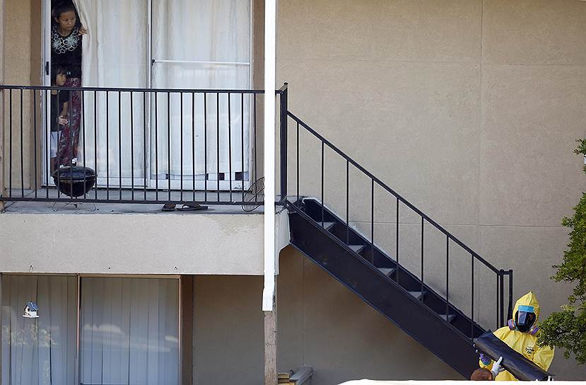 Соседи Томаса Эрика Дункана, первого человека в США, заразившегося лихорадкой Эбола, наблюдают за работой специалистов, дезинфицирующих его дом в Далласе, штат Техас