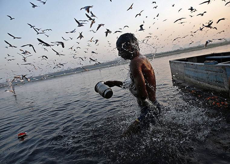 Нью-Дели, Индия. Верующий-индуист во время омовения в водах реки Джамны