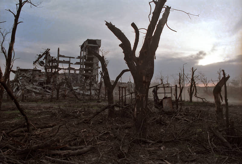 1995 год. Панорама сожженных в ходе массированных бомбежек Грозного деревьев и зданий