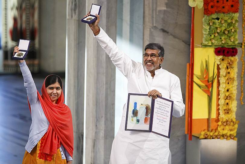 Лауреаты Нобелевской премии мира-2014 пакистанская правозащитница  Малала Юсуфзай и индийский борец за права детей Кайлаш Сатьяртхи