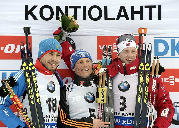 Слева направо: российский спортсмен Антон Шипулин, немецкий спортсмен Эрик Лессер и норвежский спортсмен  Таррьей Бё