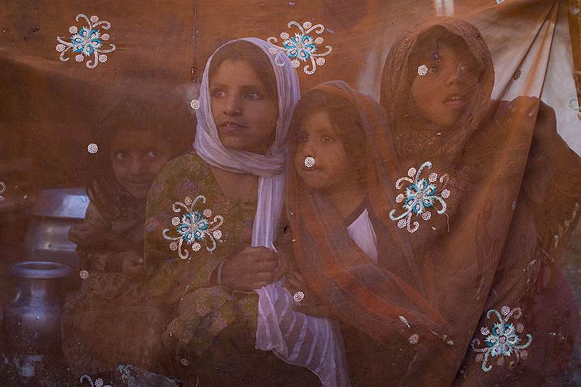 Сринагар, Индия. Дети кочевников смотрят сквозь навес своего шатра на фотографирующего их кашмирца