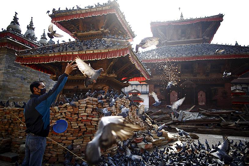 Катманду, Непал. Кормление голубей возле храма, частично разрушенного при землетрясении