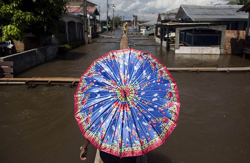 Карейру-да-Варзеа, Бразилия. Местный житель гуляет по улице, затопленной после разлива реки Рио Солимойнс — одного из главных притоков Амазонки