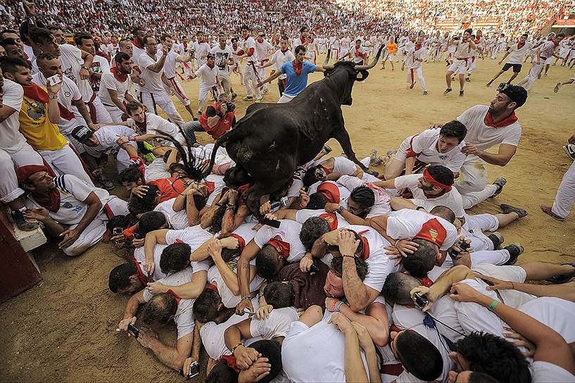 Памплона, Испания. Корова перепрыгивает через людей на празднике Сан-Фермин
