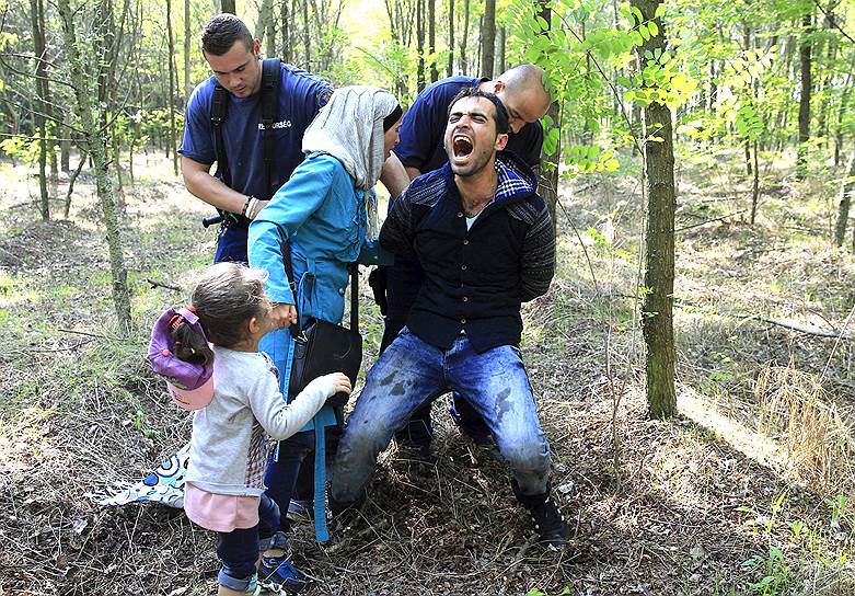 Рьоске, Венгрия. Арест сирийских беженцев, нелегально пересекших границу с Сербией