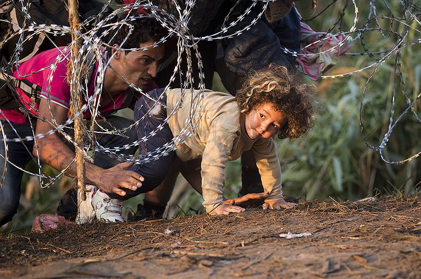 Беженцы пробираются через колючую проволоку на границе Сербии и Венгрии