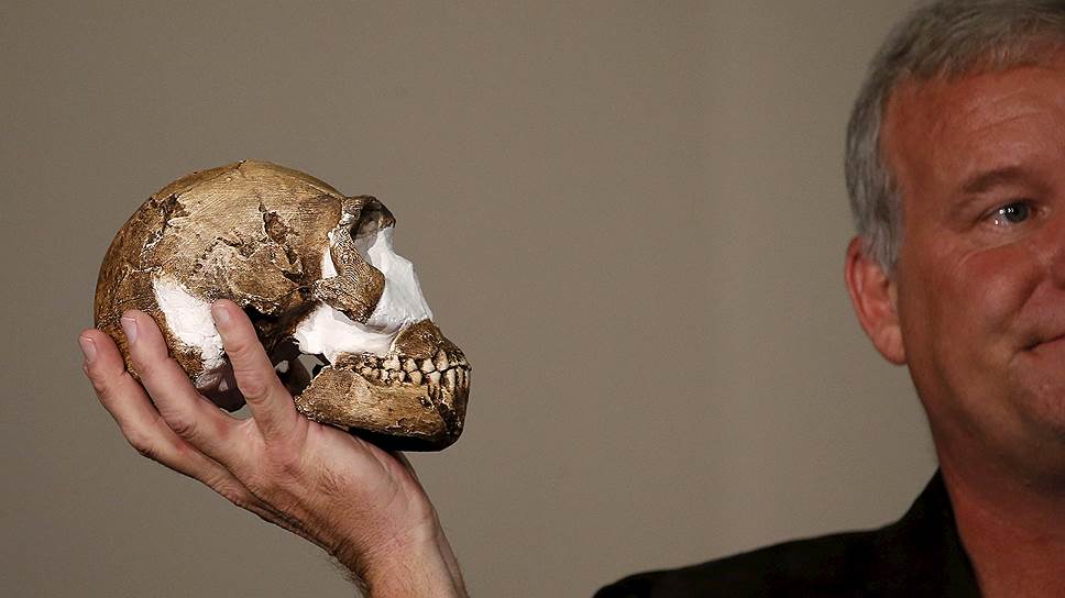 Йоханнесбург, ЮАР. Профессор Ли Бергер показывает реконструированный череп Homo naledi — неизвестного ранее вида низкорослых людей, кости которого были найдены в южноафриканской пещере