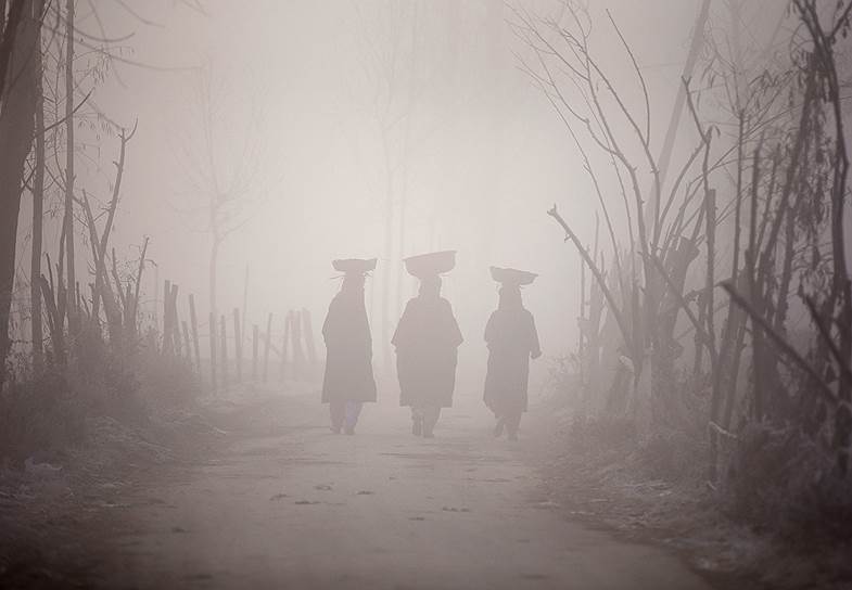 Шринагар, Индия. Женщины, идущие по дороге с корзинами на головах во время сильного тумана
