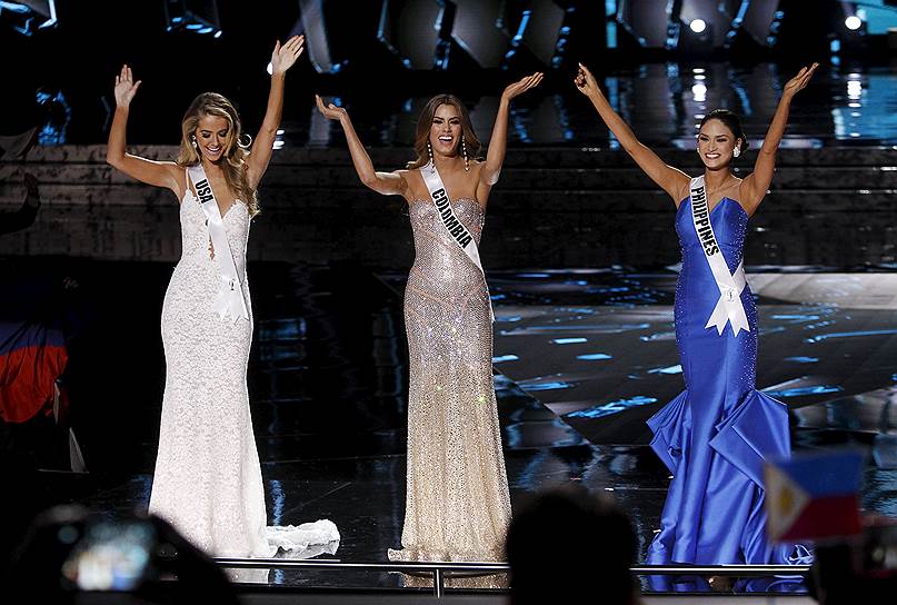 Слева направо: «Мисс США» Оливия Джордан, «Мисс Колумбия» Ариадна Гутьеррес и «Мисс Филиппины» Пиа Алонсо Вуртцбах
