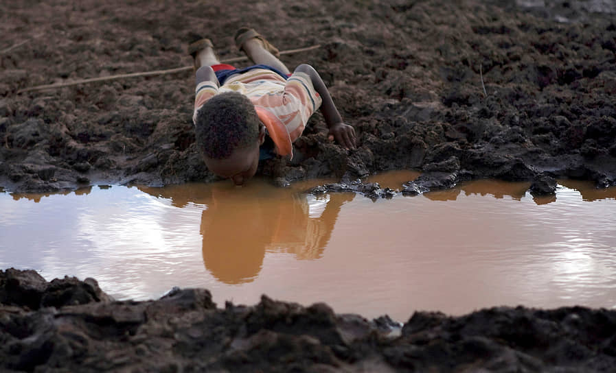 По оценкам экспертов ООН, потребление воды будет расти примерно на 1% каждый год в течение следующих 30 лет из-за роста населения и экономики. Сейчас около 800 млн человек живут в критических условиях — без доступа к безопасной пресной воде &lt;br>
На фото: мальчик пьет воду из пруда в пограничном городе Мояле на окраине Эфиопии 
