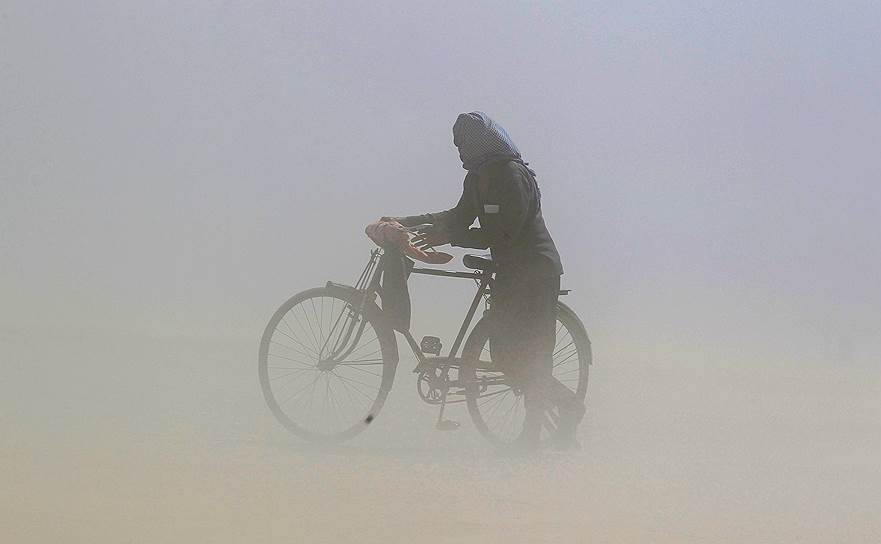 Аллахабад, Индия. Мужчина с велосипедом идет сквозь пыльную бурю по берегу реки Ганг