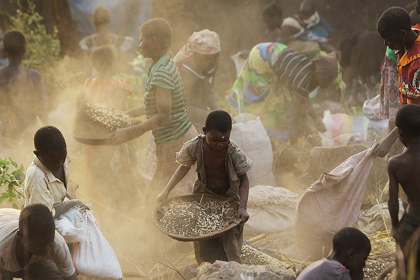 Блантайр, Малави. Женщины и дети просеивают зерно, высыпавшееся на землю из потерявшего управление грузовика