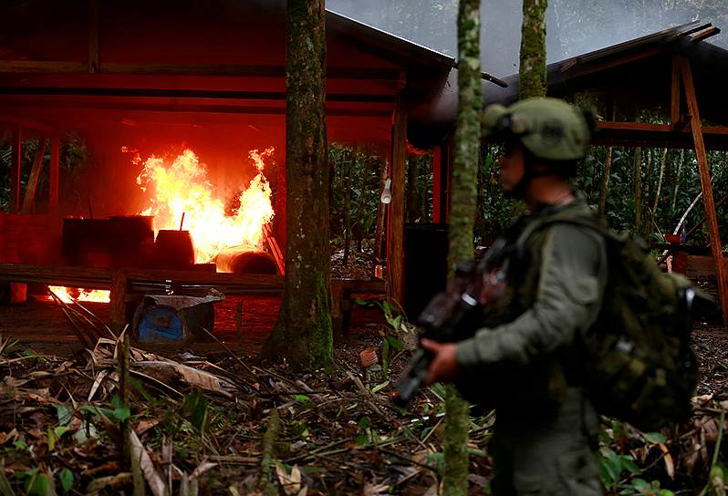 Каламар, Колумбия. Национальная полиция по борьбе с незаконным оборотом наркотиков сожгла лабораторию по получению кокаина
