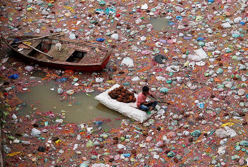 Ахмадабад, Индия. Человек собирает вещи и продукты, которые были брошены в реку Сабармати в качестве жертвоприношения на фестивале Дашама