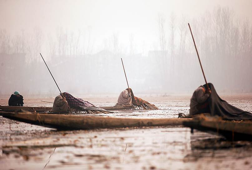 Срингар, Индия. Местные жители укрываются от холода во время рыбалки